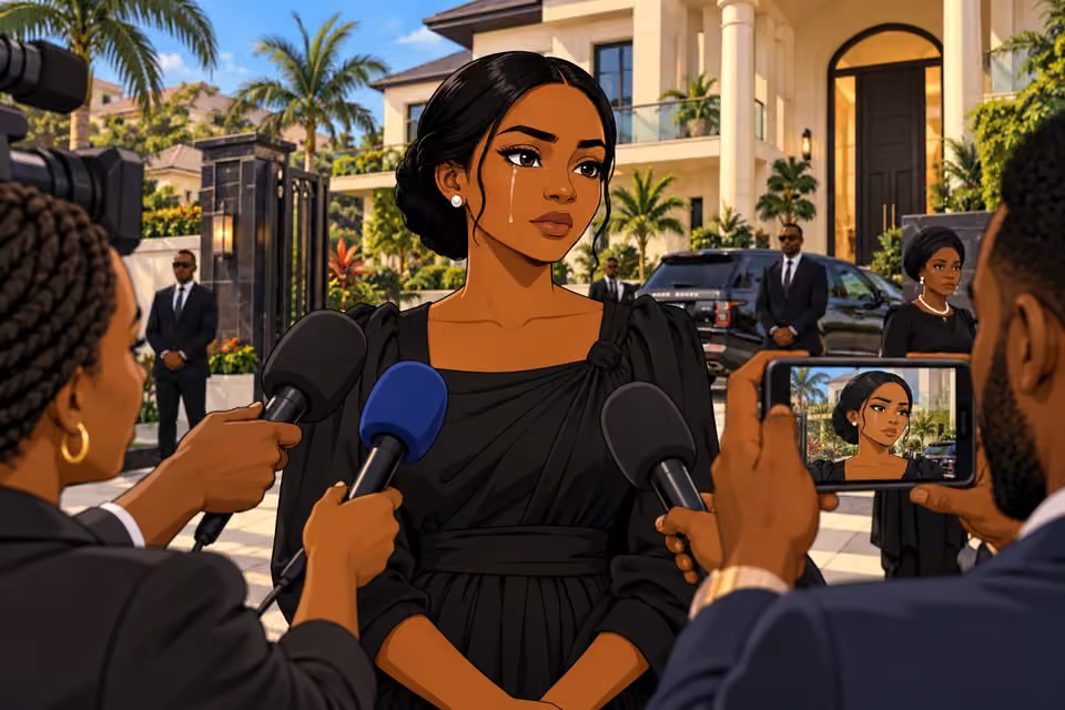 Amaka gives a tearful but composed interview while microphones and a phone frame her face.