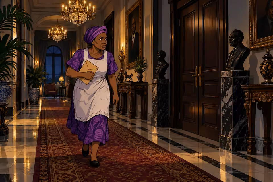 Mama Tutu hurries through the mansion's shadowed corridor holding an envelope.