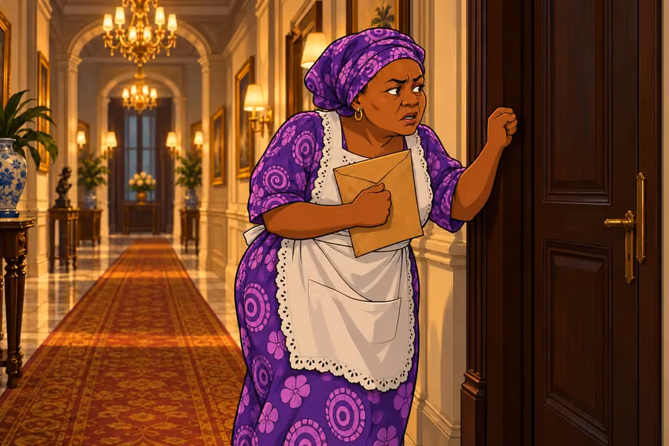 Mama Tutu knocks on the closed study door, clutching an envelope.