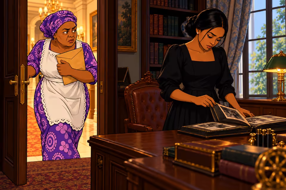 Amaka stands at the desk and turns an album page.