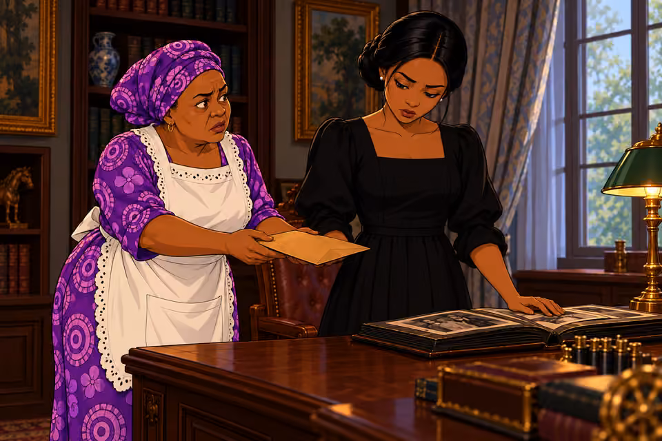 Mama Tutu offers Amaka an anonymous brown envelope.