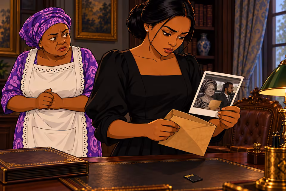 Amaka opens the envelope and finds a memory card and a revealing photograph.
