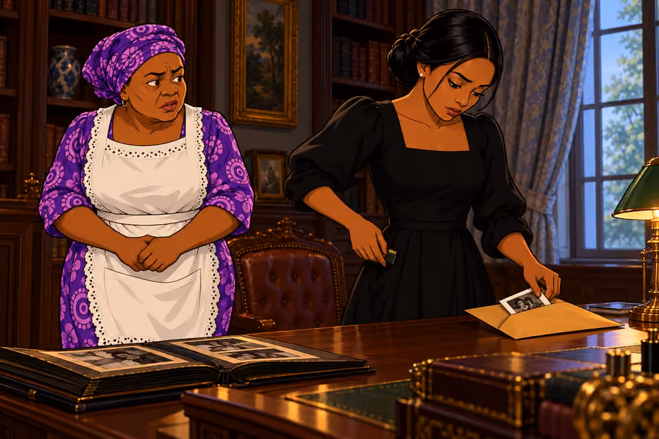 Amaka returns the photograph to its envelope and pockets the memory card.