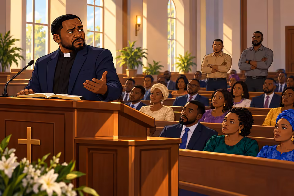 Pastor Gabriel notices two officers watching from the church’s last row.