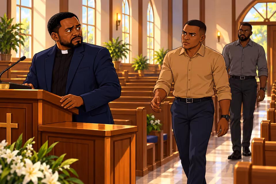 An officer approaches Pastor Gabriel after the service.