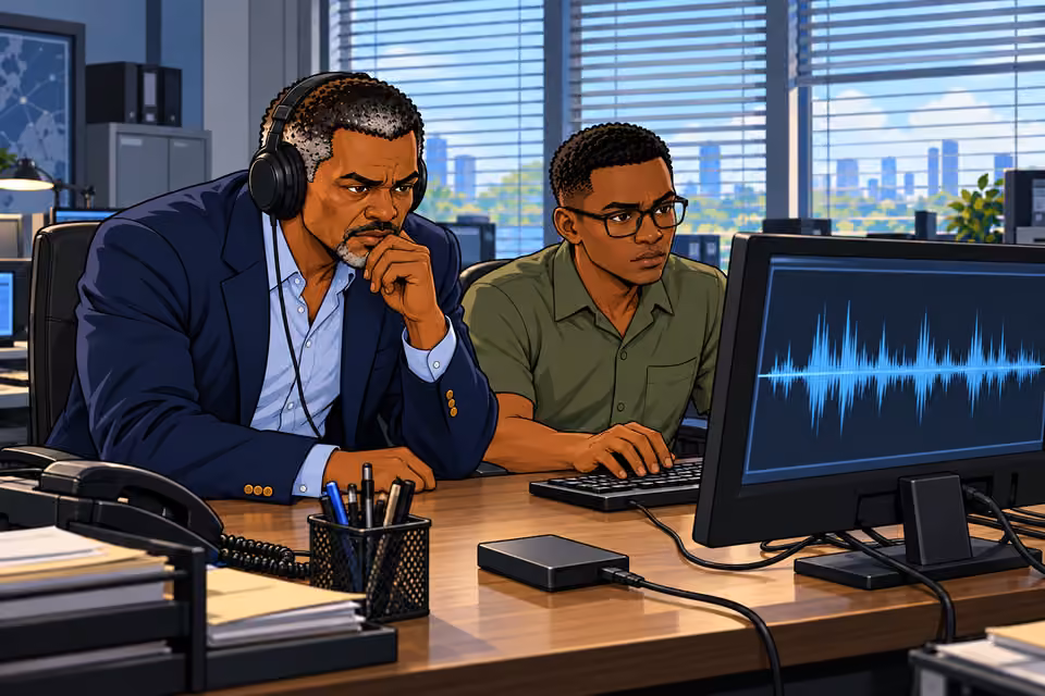 Musa and the audio technician listen to a recovered recording.