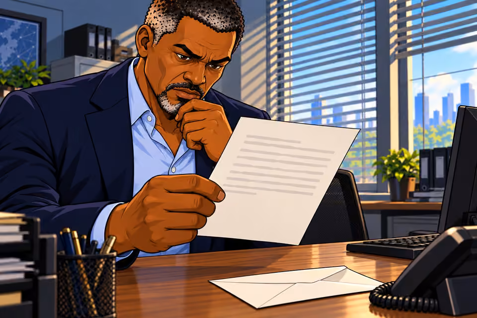 Musa examines the unsigned typed letter.