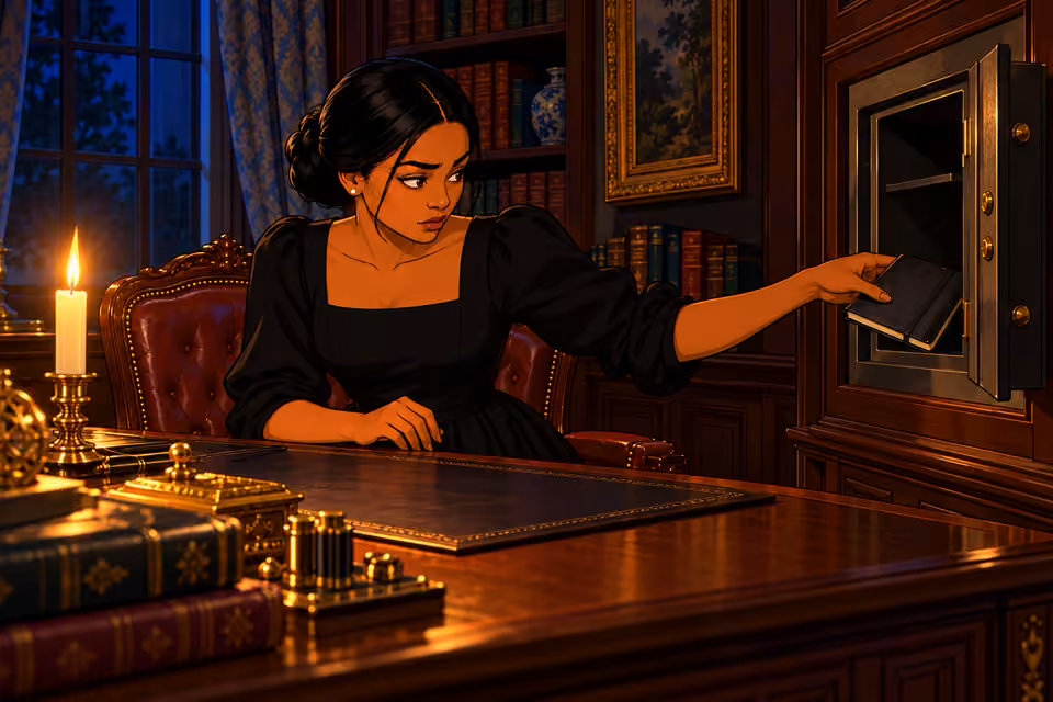 Amaka retrieves a small black journal from the safe at night.