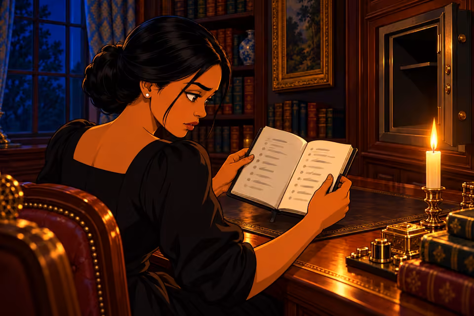 Amaka studies the names listed inside the black journal.