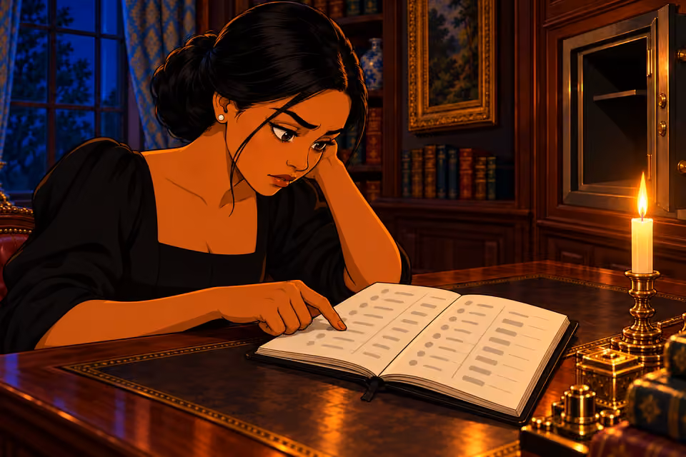 Amaka examines transaction entries in the journal.