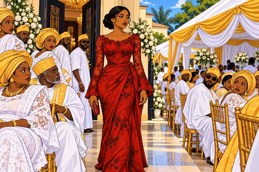 Amaka wears a crimson lace dress among funeral guests dressed in white and gold.