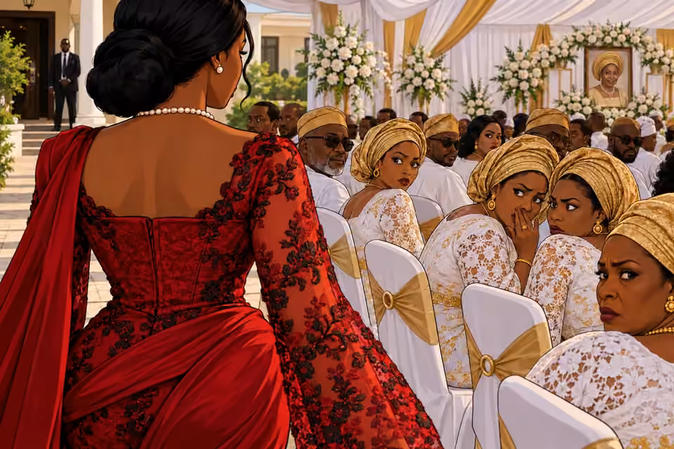 White-and-gold funeral guests turn and whisper as Amaka enters in crimson.