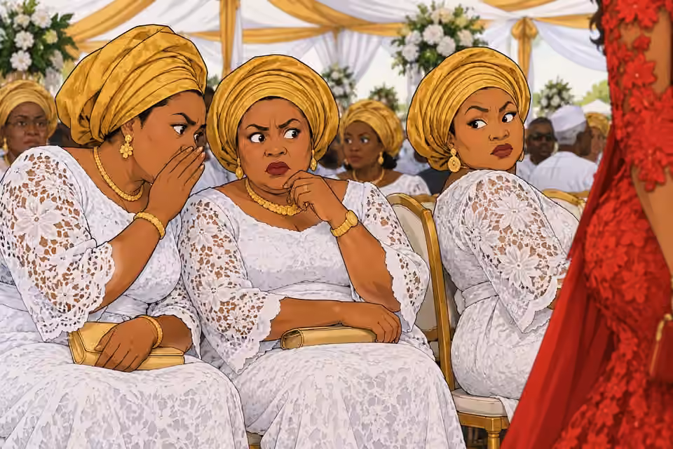 Funeral guests whisper in shock at Amaka's crimson dress.