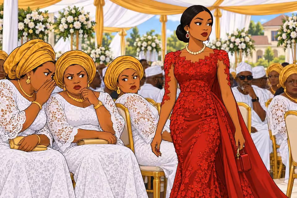 Amaka walks past the funeral guests in crimson lace and pearls.