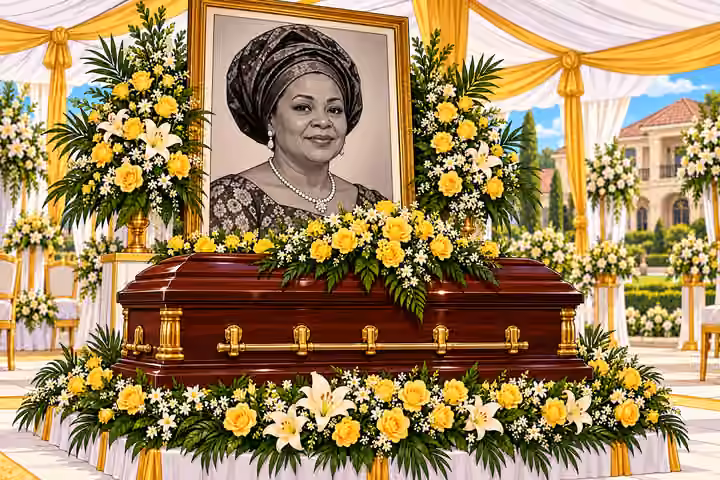 Agnes’s mahogany casket stands beneath her memorial portrait.