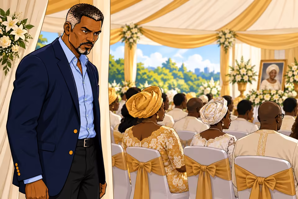 Musa observes the funeral from the side of the marquee.