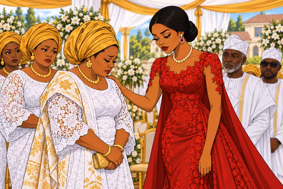 Amaka receives a mourner with a bowed head and a hand on her shoulder.