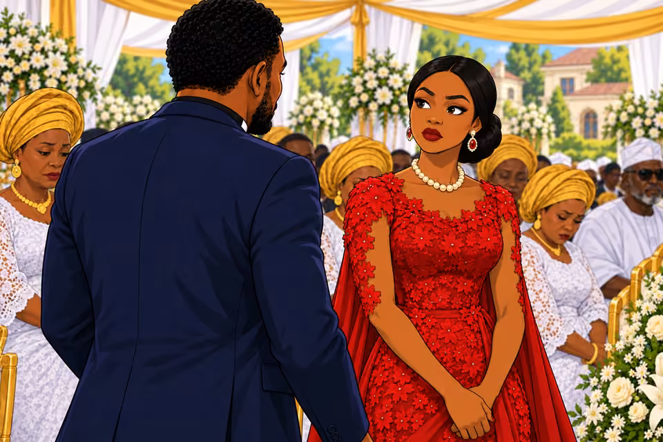Amaka’s expression changes as Gabriel approaches.