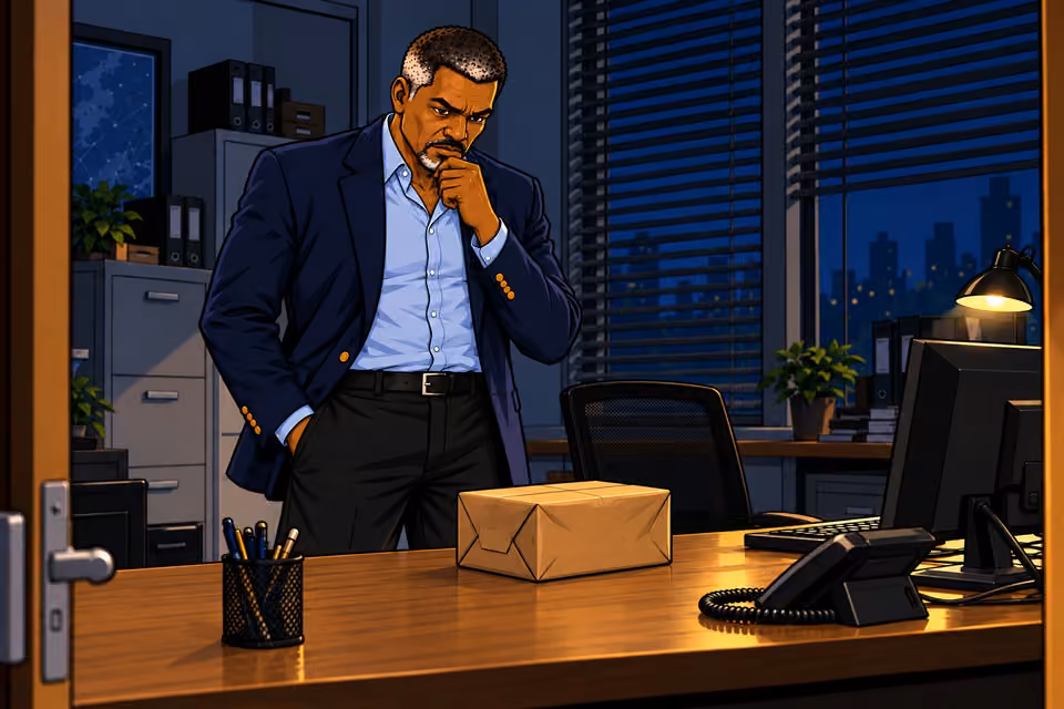 Musa discovers an anonymous brown parcel on his desk.