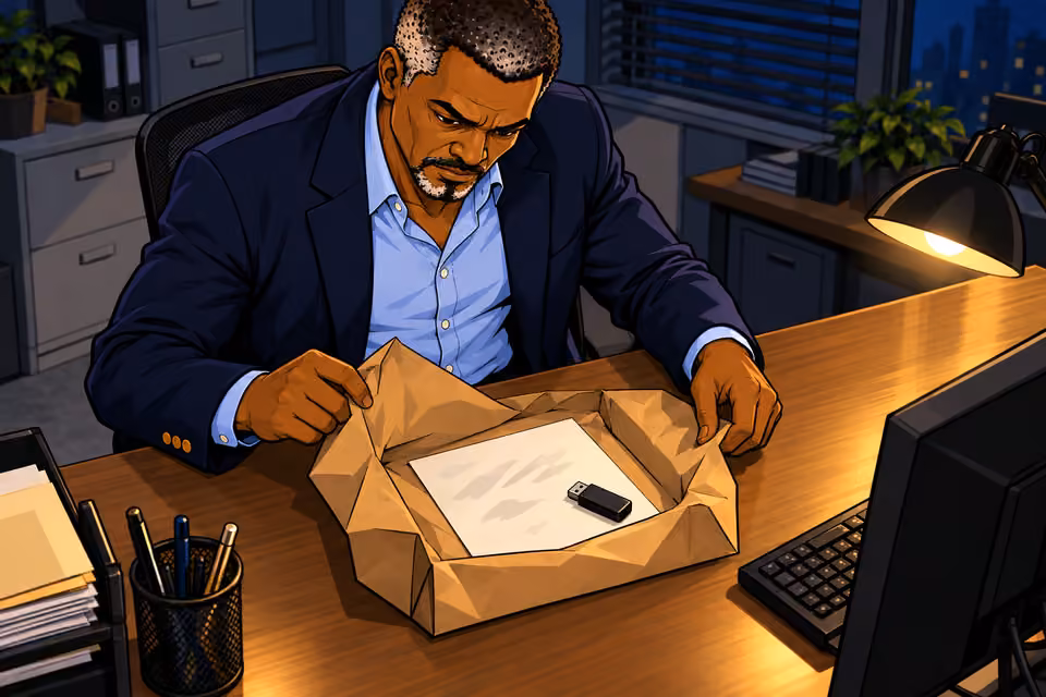 The parcel contains a USB drive and a single typed page.