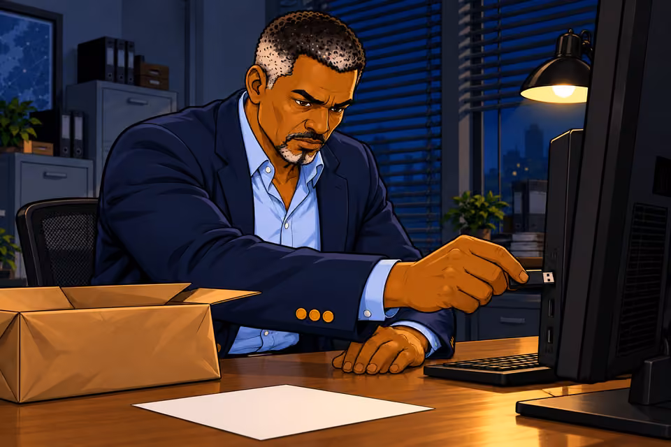 Musa plugs the USB drive into his computer.
