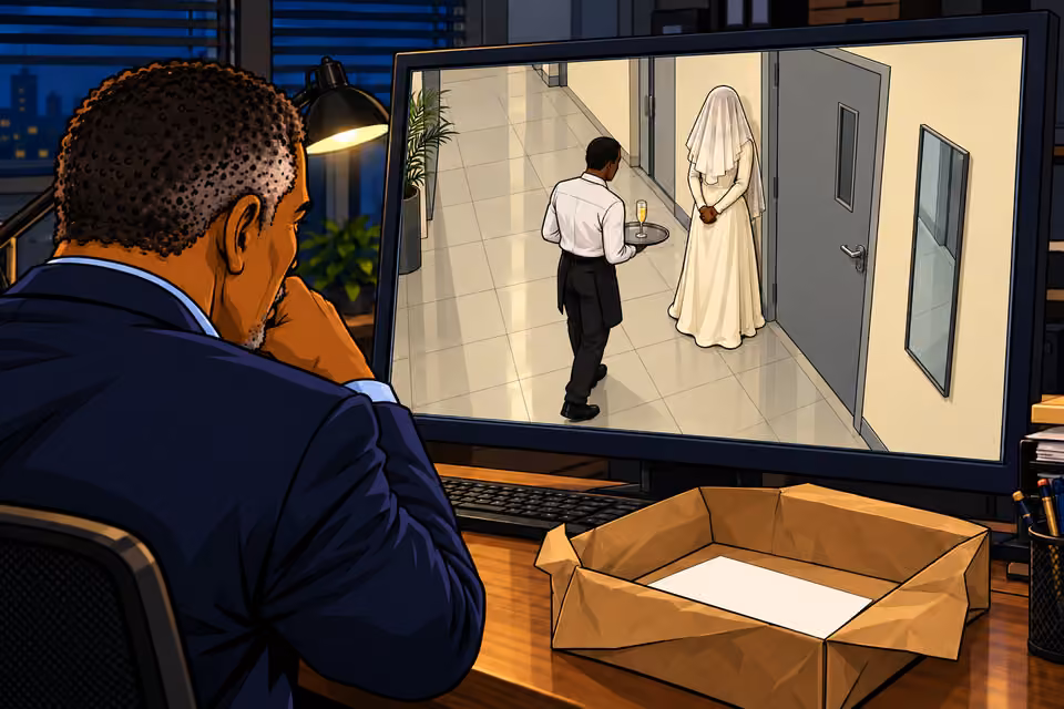 A waiter approaches a veiled woman in the security footage.