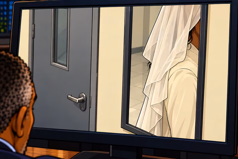 A partial reflection appears in the corridor mirror.