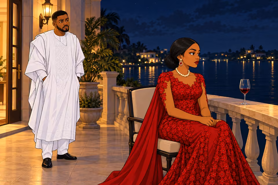 Chuka hesitates a few feet from Amaka on the rooftop balcony.
