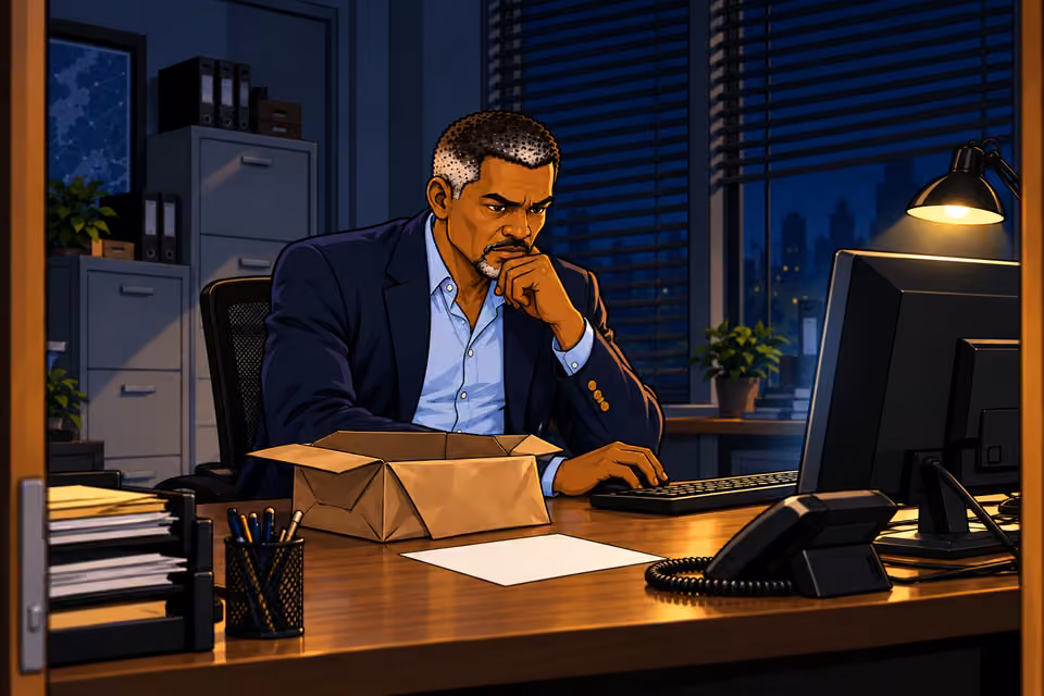 Musa remains at his desk after midnight.