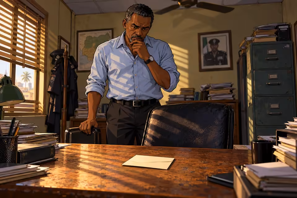 Detective Musa studies a mysterious folded letter on his office desk.