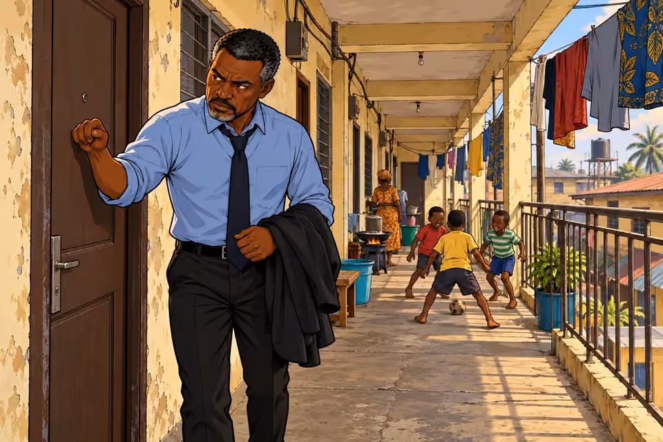 Musa reaches Ngozi’s block of flats as children play in the corridor.