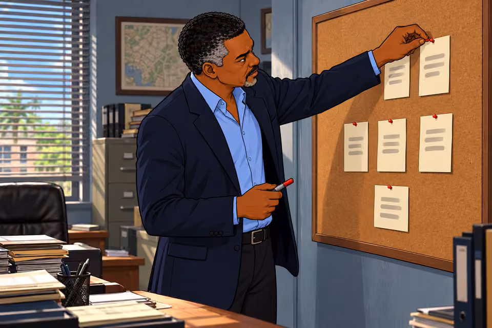 Musa arranges seven suspect cards on the station board.