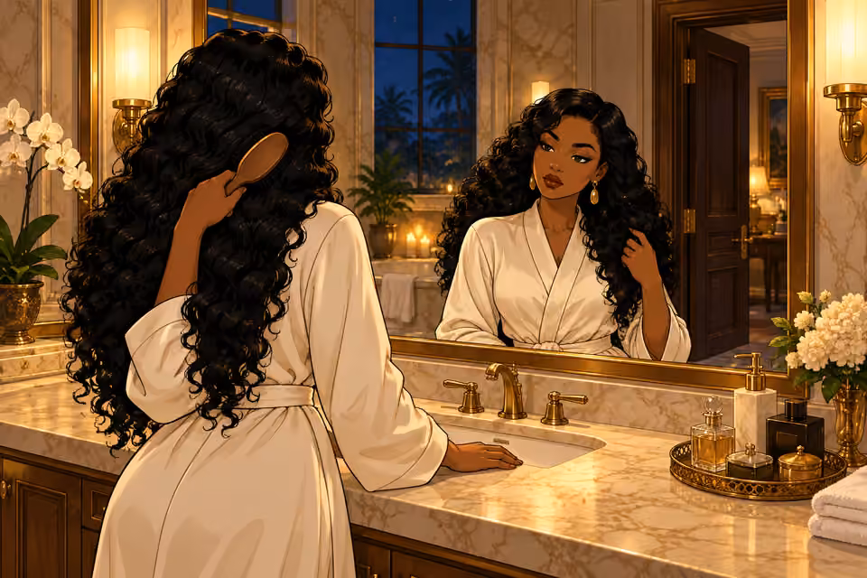 Amaka calmly brushes her loose hair before the bathroom mirror.