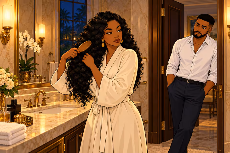 Chuka leans in the bathroom doorway behind Amaka.