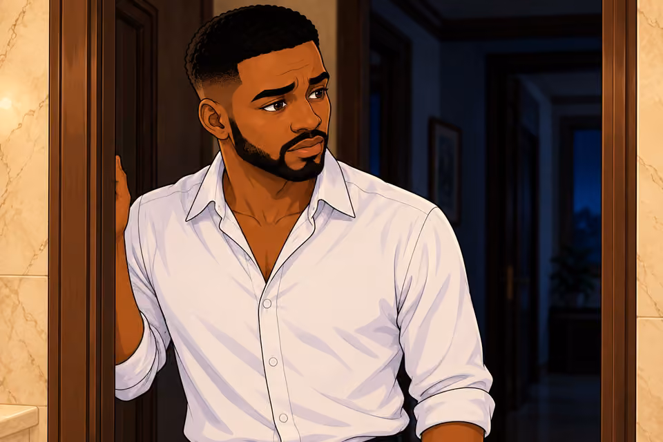 Chuka waits in the bathroom doorway for Amaka to continue.