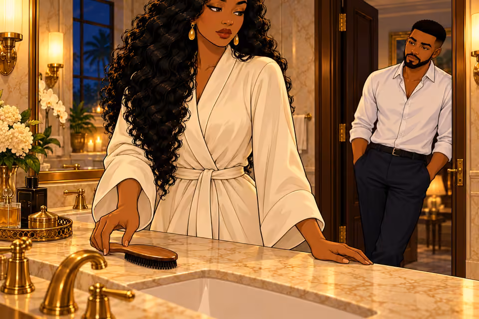 Amaka puts her wooden hairbrush on the vanity.