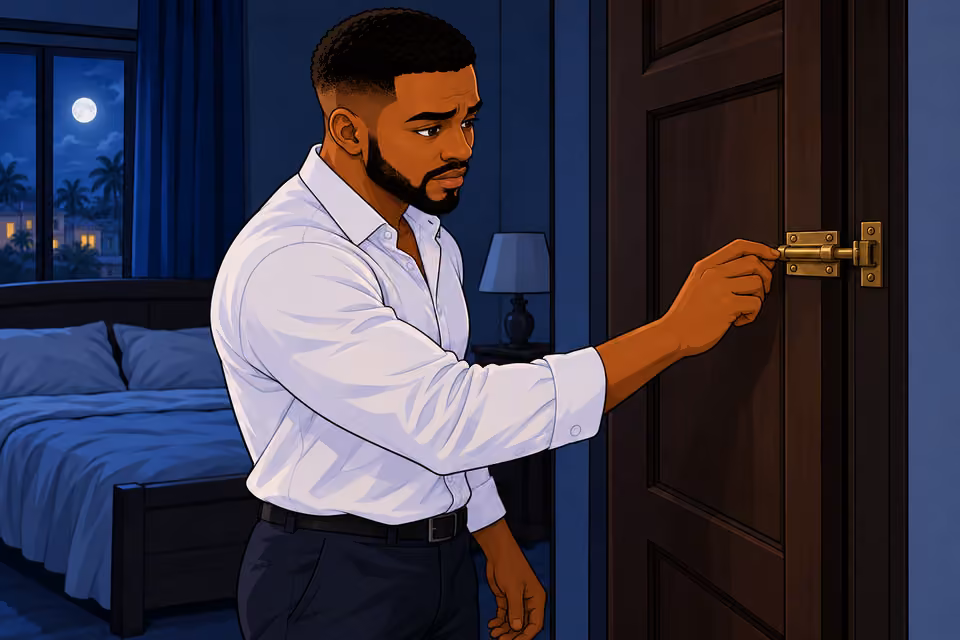 Chuka locks the bedroom door from inside.