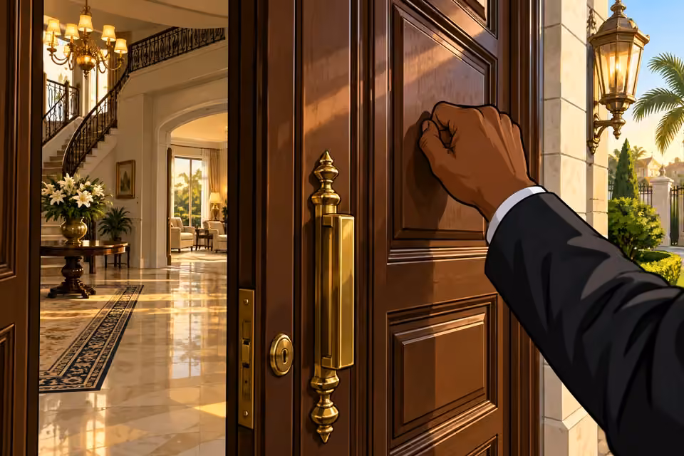 An unknown visitor knocks at the mansion door in the early morning.