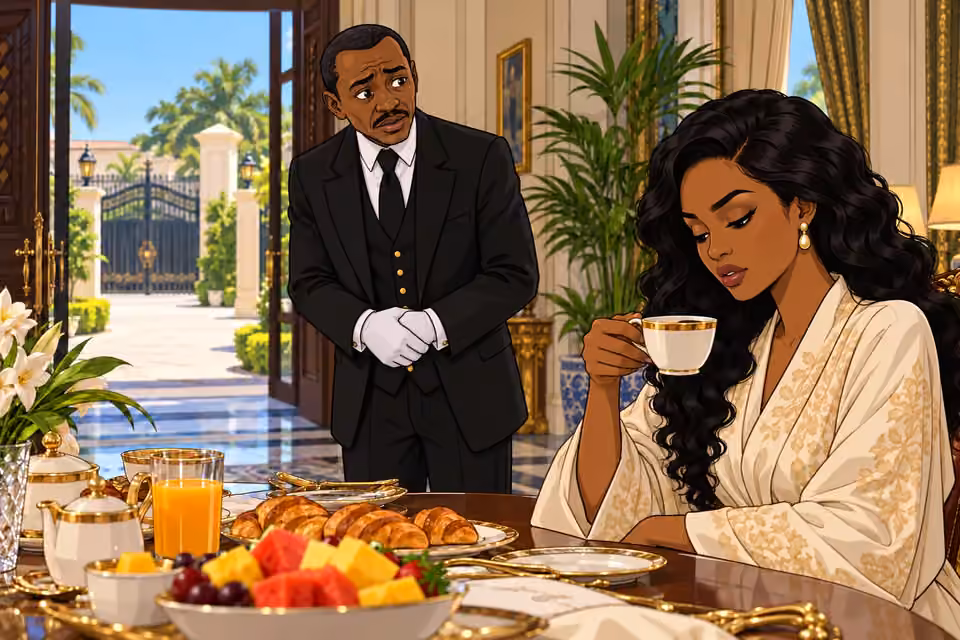 Amaka answers the waiting butler without looking up from her coffee.