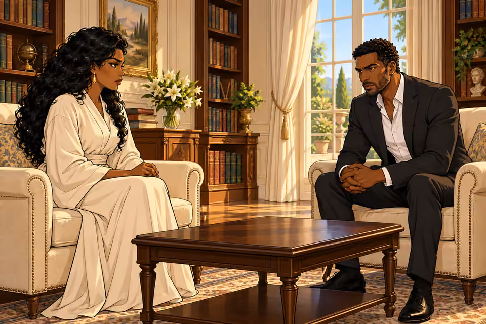 Amaka and Ikenna sit alone in Agnes’s former reading room.