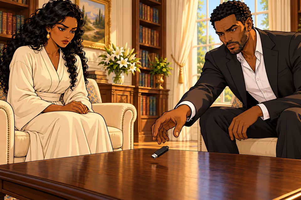 Ikenna drops a USB drive onto the coffee table.