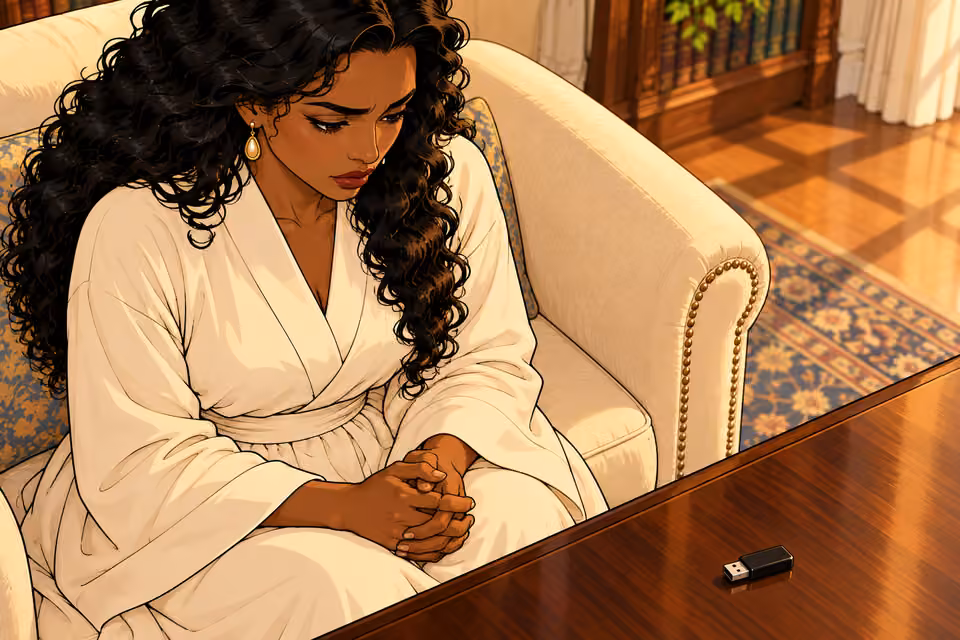 Amaka studies the USB without touching it.