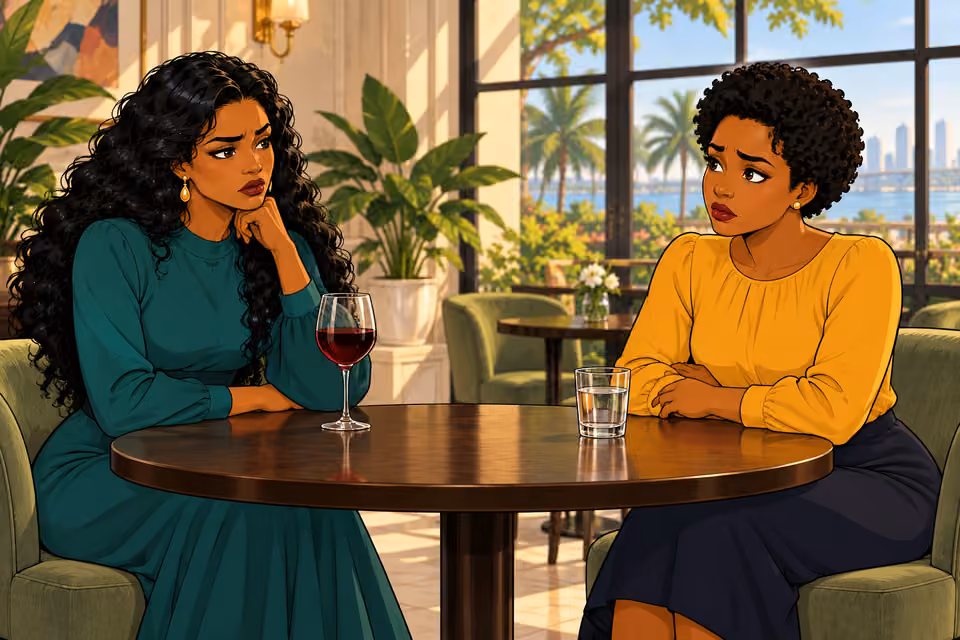 Amaka and Uju meet privately at a quiet bistro.