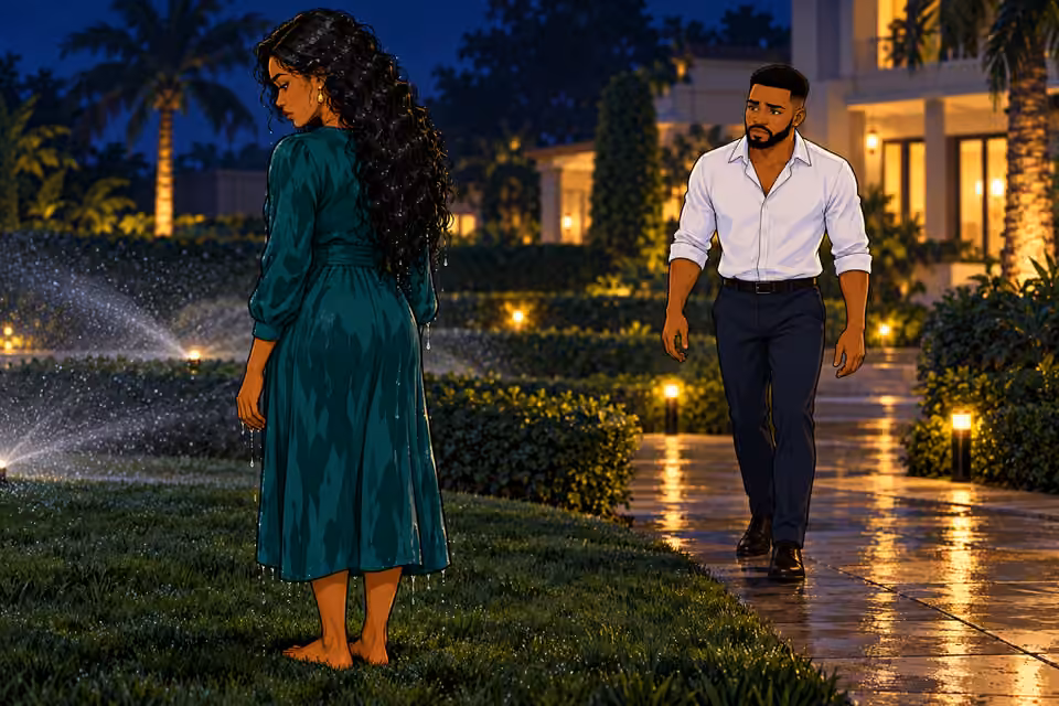 Chuka finds Amaka soaked at the garden's edge.