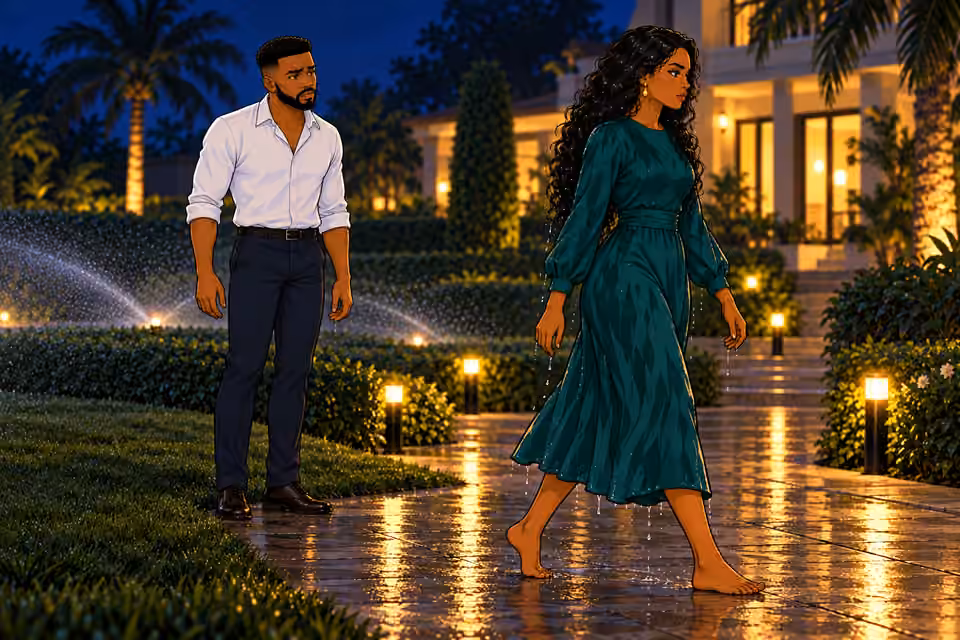Amaka walks past Chuka, still dripping from the sprinklers.