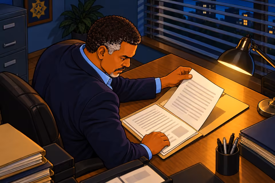 Musa studies the biographical record, high oblique over-shoulder composition on focused face and thumb holding a page edge. No phone, flashback, life-history montage or other people.