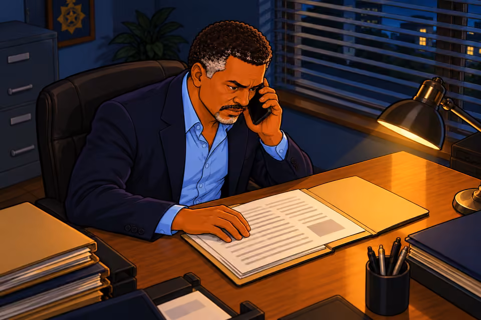 Medium side view as Musa lifts his smartphone to his ear, leans forward and whispers. Free hand rests on bank statement. Lamp foreground. No blood.