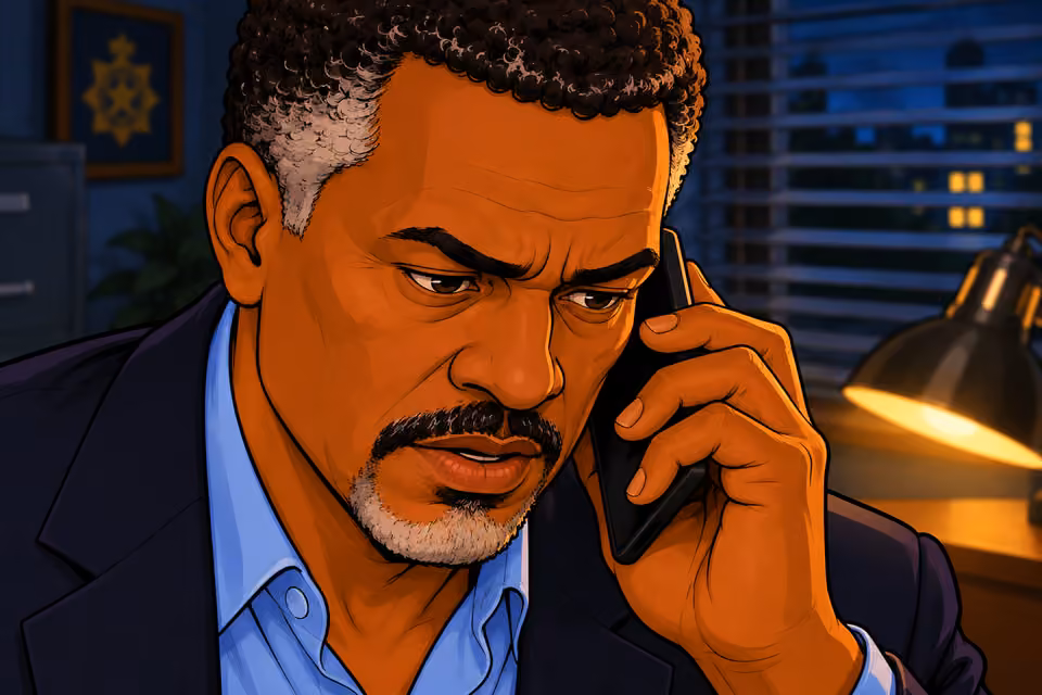 Tight frontal portrait of Musa speaking discovery quietly into phone at ear, gaze down, folder edge foreground, warm light and dark office. No literal blood trail.