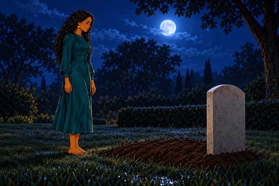 Establish wide low three-quarter scene of Amaka standing directly before her mother's grave, arms at sides, pale headstone foreground and her moonlit profile behind it. Entire private nighttime grave visible.