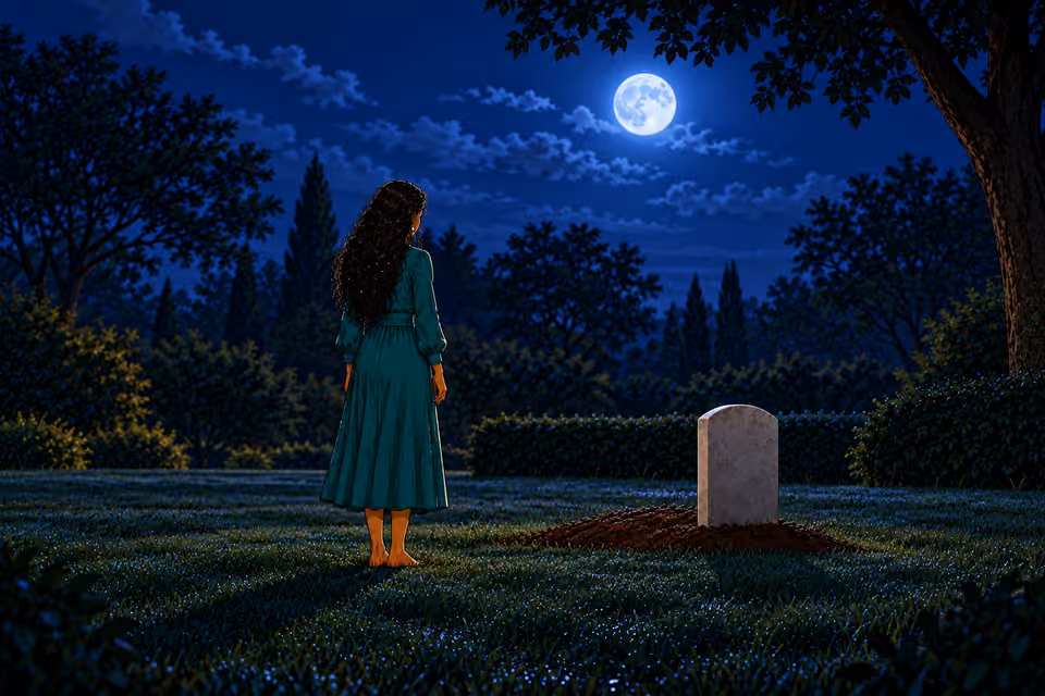 Very wide rear view of Amaka small beside empty flowerless grave, still and silent; large quiet dark lawn and trees emphasize her isolation.